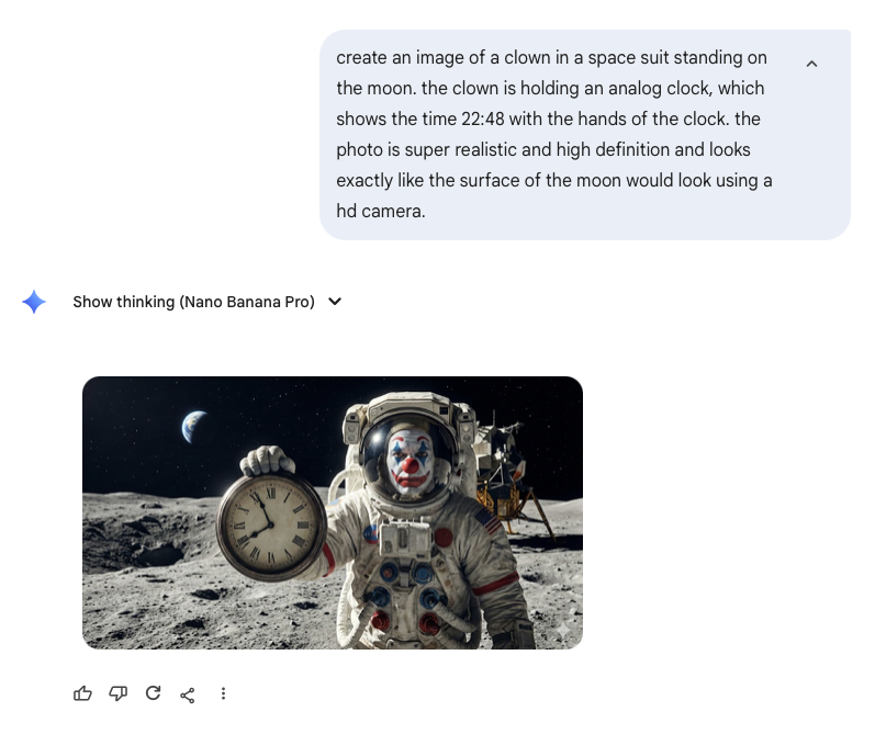 AI-genererad clown på månen med en analog klocka som visar fel tid